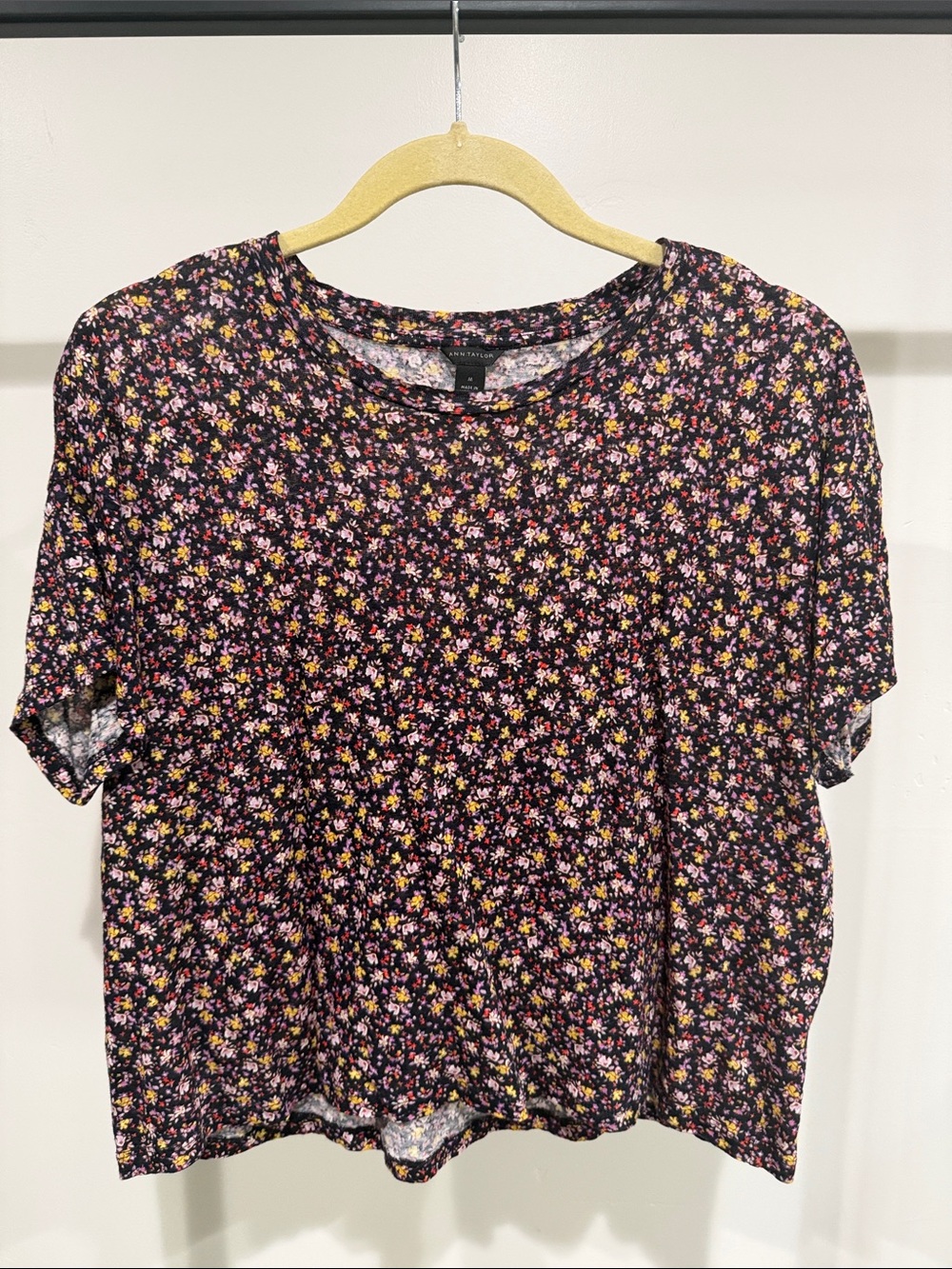 Ann Taylor Floral Crewneck Linen Tee - Black/Pink/Yellow -